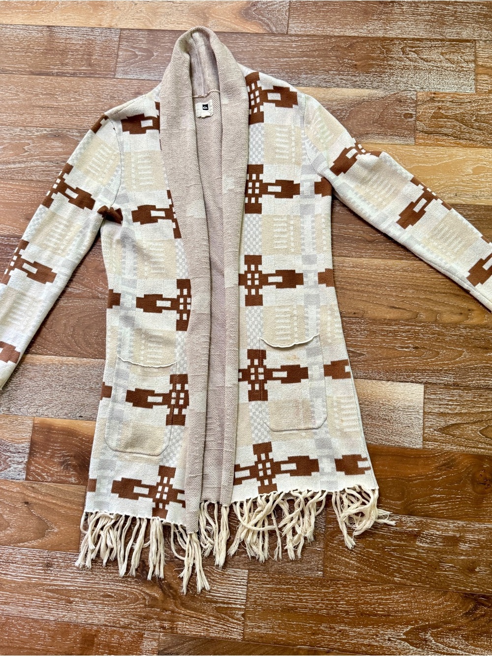 Quicksilver QSW Brown and Cream Fringed Open Front Cardigan / Tribal Pattern / M